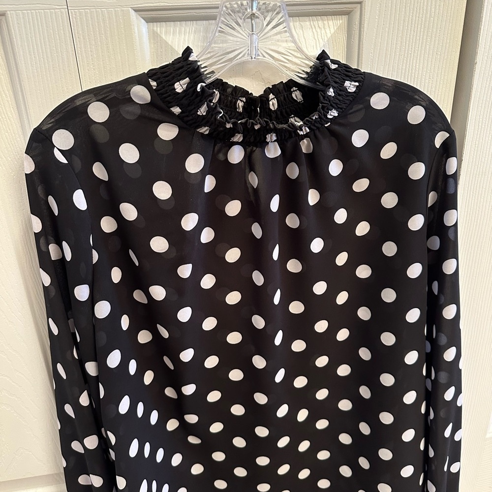 Womens mock neck long sheer sleeve polka dot blouse